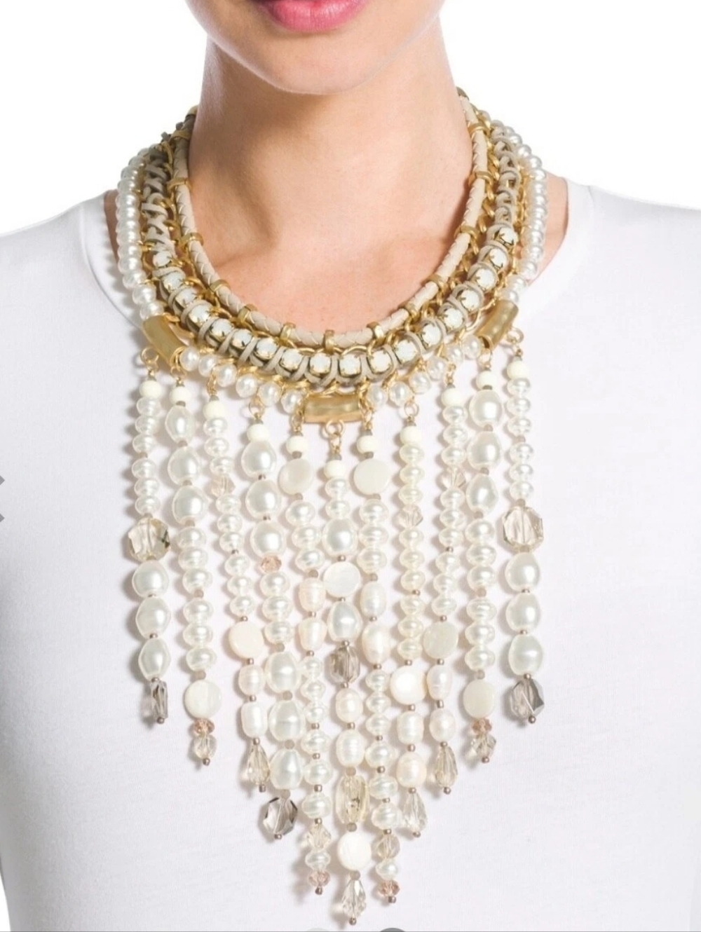 NWT Chico's Waikiki White Pearl & Gold Fringe Bib Necklace MSRP $179
